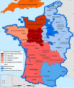 Map of France in 1154. The pink area in lower France under Eleanor of Aquitaine and her husband Henry II of England.