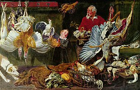 El vendedor de caza, de Frans Snyders. La oposición entre la exuberancia de los bodegones flamencos y los españoles es proverbial.