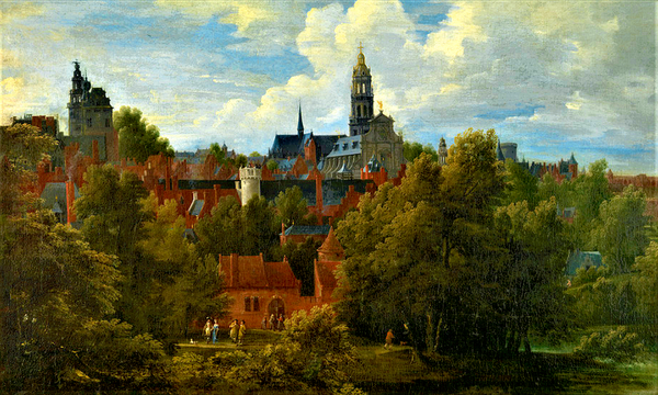 De kerk (met het gouden Sint Michael's-beeld) van het Jezuïeten-convent te Brussel, ca. 1670.