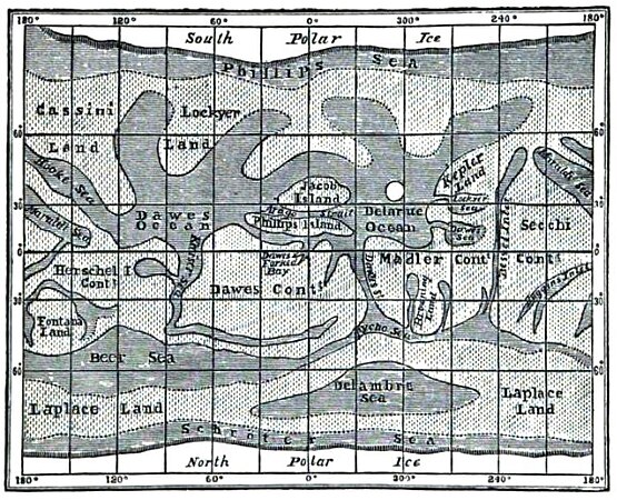 Eine spätere Version der Marskarte des Astronomen Proctor von 1905. Ein rechteckiges Gitter überlagert mäandrierende Muster aus Hell und Dunkel. Ausgewählte Regionen sind mit Namen beschriftet.