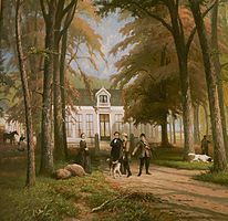 Detail van een schoorsteenstuk met de Rensumaborg en Oncko Quirijn Jacob Johan van Swinderen met zijn gezin (Otto Eerelman, ca. 1860)