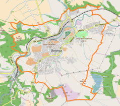 Mapa konturowa Złotoryi, w centrum znajduje się punkt z opisem „Liceum Ogólnokształcąceim. Jana Pawła IIw Złotoryi”