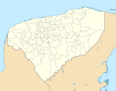 Mapa konturowa Jukatanu, po lewej nieco u góry znajduje się punkt z opisem „Mérida”