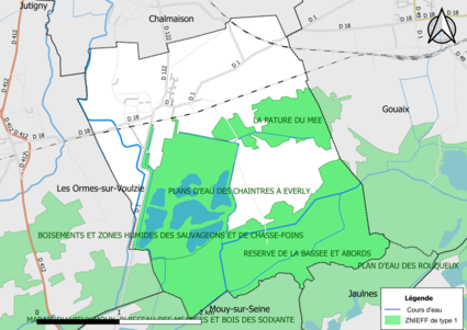 Carte des ZNIEFF de type 1 de la commune.