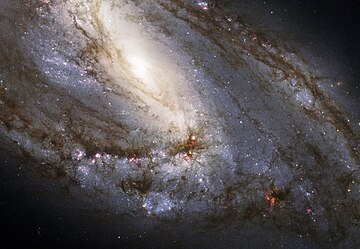 2010年にハッブル宇宙望遠鏡の掃天観測用高性能カメラ (ACS) による撮像データから合成された棒渦巻銀河M66。