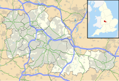 Mapa konturowa West Midlands, u góry po lewej znajduje się punkt z opisem „Walsall”