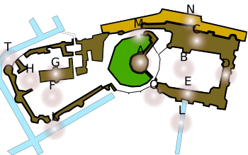 A schematic map, with dark green parts of the castle on a light green background, individual locations marked out in red letters.