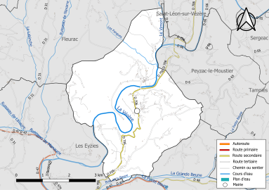 Carte en couleur présentant le réseau hydrographique de la commune