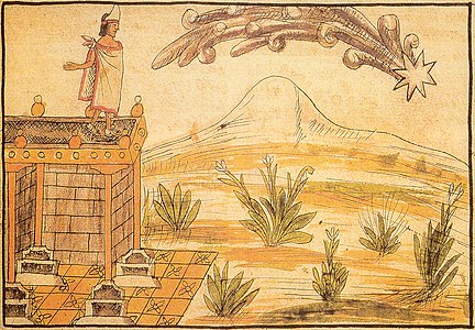 Moctezuma mirando un cometa como mal presagio para el Imperio Mexica en el Códice Durán p.1