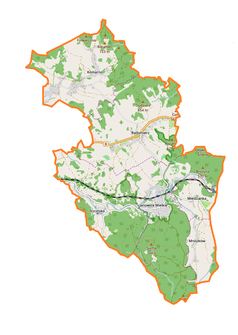 Mapa konturowa gminy Janowice Wielkie, po prawej znajduje się punkt z opisem „Miedzianka”