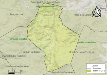 Carte des ZNIEFF de type 2 sur la commune.