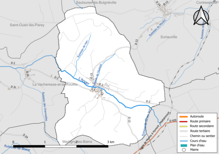 Carte en couleur présentant le réseau hydrographique de la commune