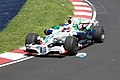 Barrichello driving the RA108 at the 2008 Canadian Grand Prix, showing the "elephant ear" nose winglets.