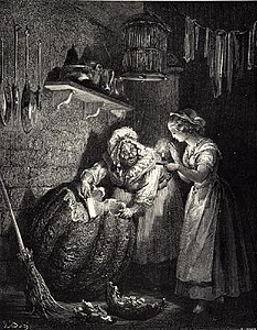 « La Fée marraine de Cendrillon creusa la citrouille et, n'ayant laissé que l'écorce, la frappa de sa baguette magique, et la citrouille fut aussitôt changée et transformée en un beau carrosse d'or tout doré. » Illustration de Gustave Doré de 1867.