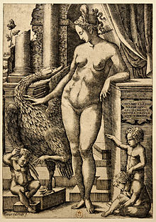 Estampe de la Renaissance montrant Léda debout à côté d’un cygne.