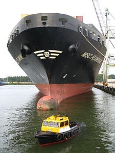 Bateau de lamanage devant la proue d'un porte-conteneurs.