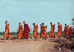Sáfrányszínű ruhás szerzetesek alamizsnagyűjtéskor