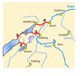 Vier grosse Kanäle (rot): 1: Zihlkanal 2: Broyekanal 3: Hagneckkanal 4: Nidau-Büren-Kanal Entwässerungskanäle (violett)