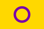 A yellow background with a purple circle in the middle, representing intersex people.