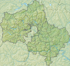 Mapa konturowa obwodu moskiewskiego, blisko górnej krawiędzi nieco na lewo znajduje się punkt z opisem „początek”, natomiast w centrum znajduje się punkt z opisem „koniec”