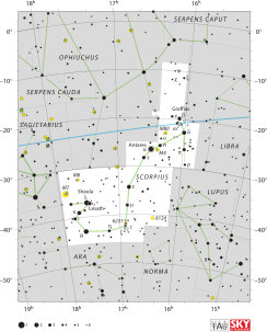 Antares se ligging (in die rooi sirkel).