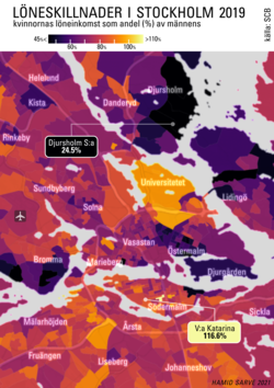 Kvinnornas löneinkomst som andel (%) av männens i Stockholm, inkomstår 2019