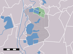 The town centre (darkgreen) and the statistical district (lightgreen) of Ankeveen in the municipality of Wijdemeren.