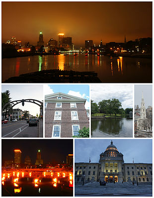 Top: Downtown Providence skyline and the Providence River from the Point Street Bridge; Middle: Federal Hill, University Hall at Brown University, Roger Williams Park, and the First Baptist Church in America; Bottom: WaterFire at Waterplace Park, and the Rhode Island State House.