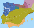 Image 8Iberian Peninsula c. 560. Suebi territory with its capital in Braga (blue); Visigothic territory with its capital in Toledo (green) (from History of Portugal)