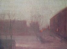 Nocturne: Trafalgar Square Chelsea Snow (1876) de James McNeil Whistler; Whistler a folosit violet pentru a crea o dispoziție de iarnă.