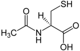 Stereo, skeletal formula of acetylcysteine (R) with some implicit hydrogens shown, and one explicit hydrogen added