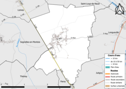 Carte en couleur présentant le réseau hydrographique de la commune