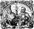 Georg von Frundsberg (links) und sein Sohn Caspar. Darstellung aus der 2. Auflage seiner Lebensbeschreibung aus dem Jahr 1572.