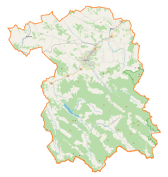 Mapa konturowa powiatu gorlickiego, u góry po lewej znajduje się punkt z opisem „Bobowa”