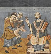 Alcuíno (no medio) con Rábano Mauro presentan unha obra ao bispo Otgar de Mainz; miniatura do manuscrito Fuldense (ca. 836) (Österreichische Nationalbibliothek Wien).