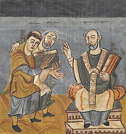 Младият Рабан Мавър (ляво) показва произведението си De laudibus sanctae crucis на архиепископ Отгар фон Майнц. Манускрипт от Фулда ок. 830/840 (Виена, ÖNB cod. 652, fol. 2v