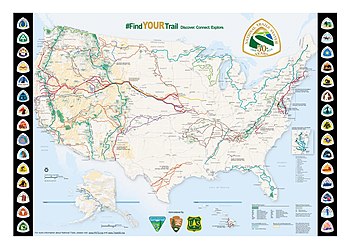 Map of the United States with trail routes marked and trail logos bordering it