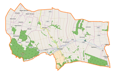 Mapa konturowa gminy Urzędów, blisko lewej krawiędzi nieco u góry znajduje się punkt z opisem „Boby-Wieś”