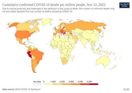 Total confirmed deaths due to COVID-19 per million people, 24 March 2020[၈၁]