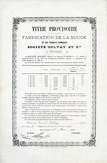 Certificat global de 100 obligations n° 1-100 de 500 francs chacune de la Société Solvay & Cie, émises le 1er mai 1874 à Ernest Solvay et signées de sa propre main en tant que gérant principal. L'emprunt d'un total de 600.000 francs, portant intérêt à 6%, a été contracté pour la réalisation d'une usine à Dombasle-sur-Meurthe.