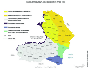 Romanian territories ceded to Austria-Hungary (purple), Bulgaria (blue), and the Central Powers (green) through the Treaty of Bucharest. These changes were reversed by the Treaty of Versailles.