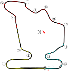 A track map of the Hungaroring circuit. The track has 16 corners, which range in sharpness from hairpins to gentle, sweeping turns. There are two long straights that link the corners together. The pit lane splits off from the track on the inside of Turn 16, and rejoins the track after the start-finish straight.
