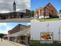 Left column: Downtown Kalona Right column: Kalona United Methodist Church, Kalona Welcome Sign