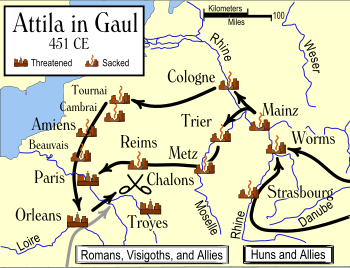 Attila's invasion of Gaul in 451 CE (AD).