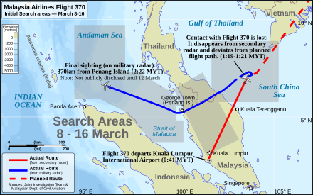 Map of southeast Asia with the known flight path of Flight 370, markers at certain events (departed KLIA, contact with ATC lost, last position from military radar), and the search areas in this region.