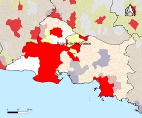 Localisation de l'aire d'attraction de Salon-de-Provence dans le département des Bouches-du-Rhône.