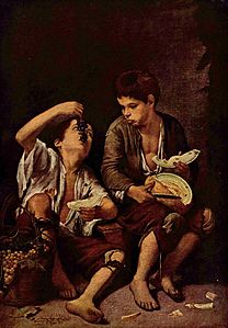 Jovens mendigos comendo uvas e melão Bartolomé Esteban Murillo