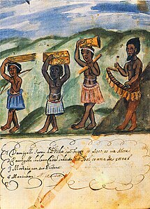 Scene of ceremonial procession in 1650s Angola, with Lusona depicted on the chest