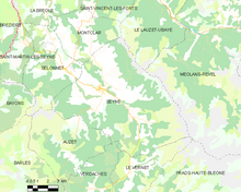 A basic map showing the boundaries of the town , neighbouring municipalities, vegetation zones and roads