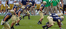 Eight American football players in blue and gold uniforms watch the line of scrimmage prior to the snap. Three are squatting in a three-point stance. Five are standing.